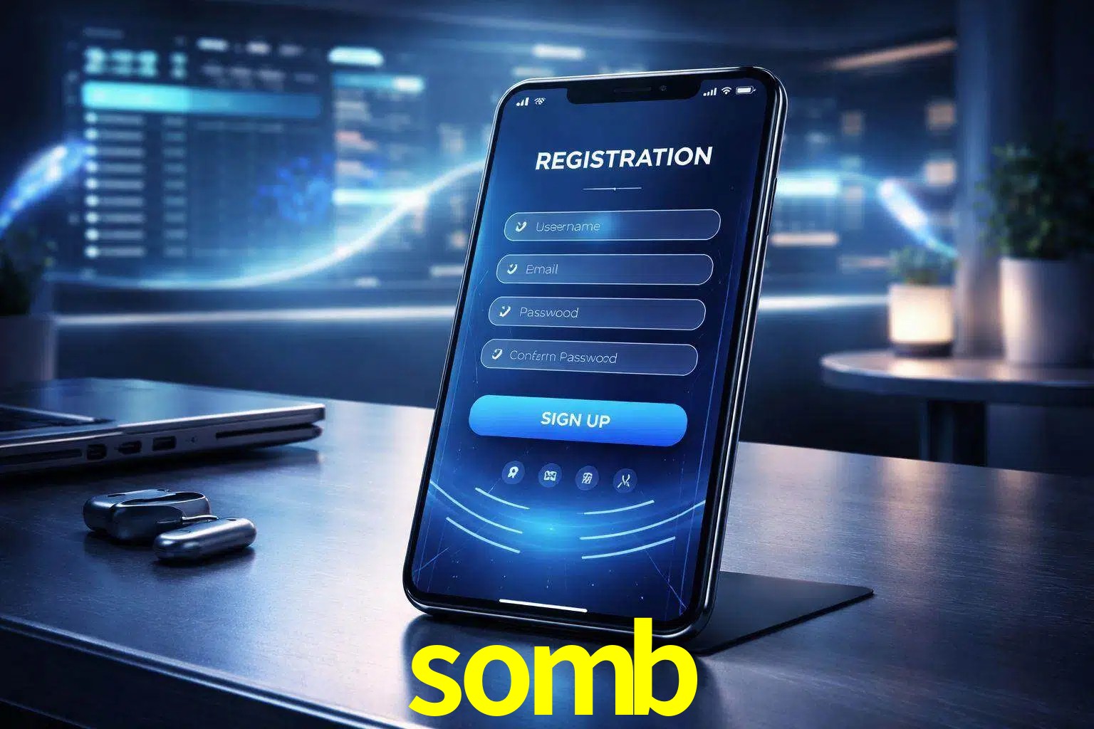 Una interfaz moderna de registro móvil para somb mostrada en un smartphone con un panel de apuestas elegante.