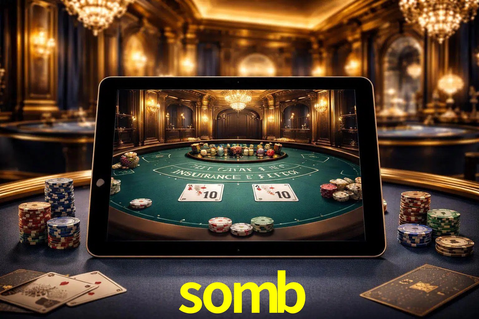 Configuración moderna de casino en vivo con una tableta mostrando una mesa de blackjack, luces cálidas de estudio y una atmósfera elegante de juegos digitales.